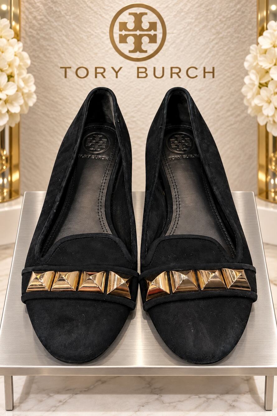 Tory Burch Asher Black Suede Gold Studded Flats Size 6.5M